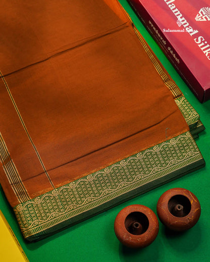 9 Yards Beautiful Light Brown Plain Pure Cotton Saree With Green Thread Work Border