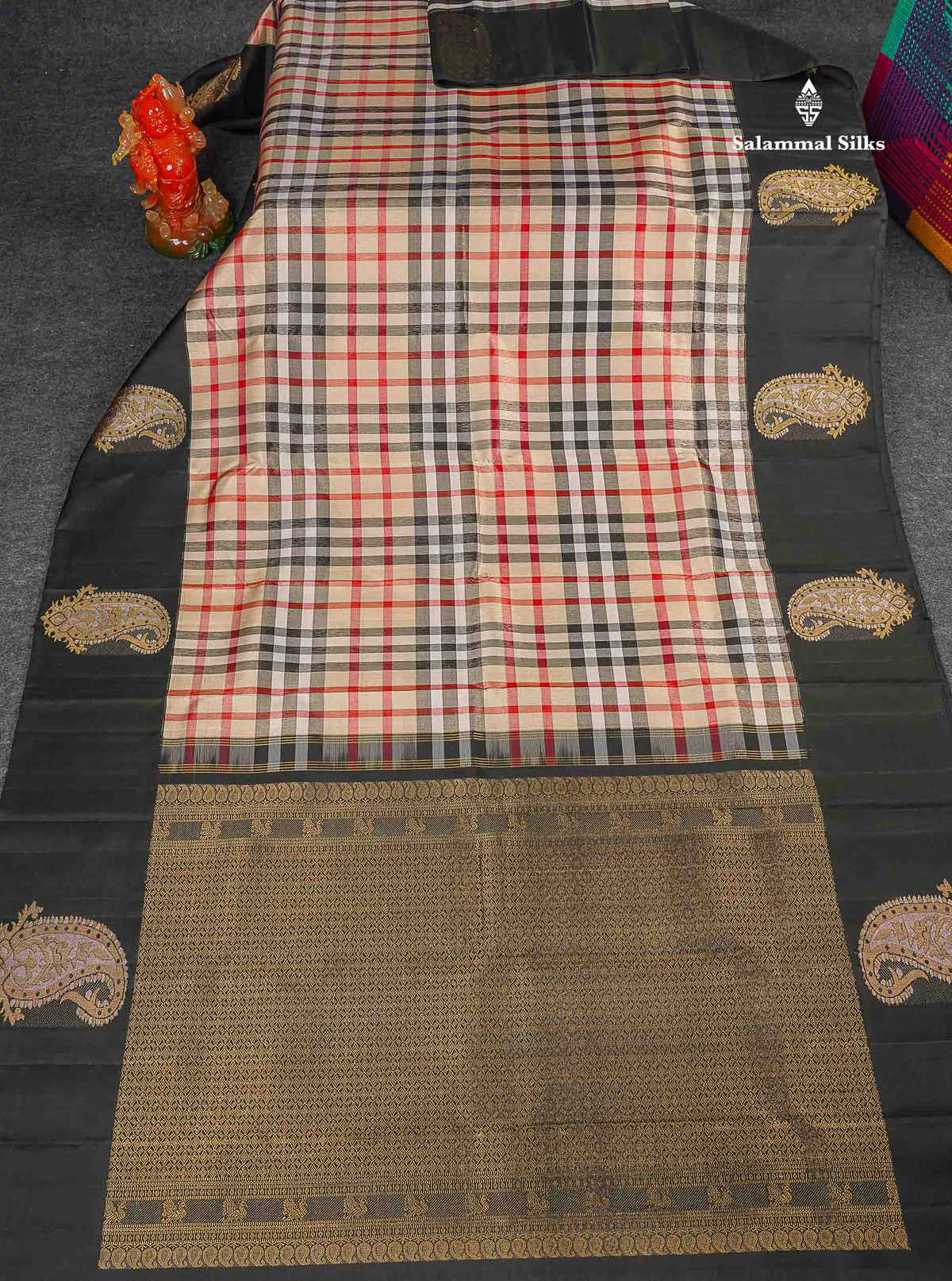 Korvai Tissue Pure Kanjivaram Silk Saree - Burberry Checks With Contrast Black Border 