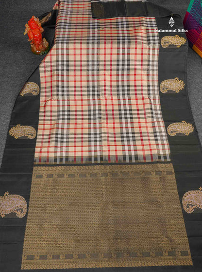 Korvai Tissue Pure Kanjivaram Silk Saree - Burberry Checks With Contrast Black Border 