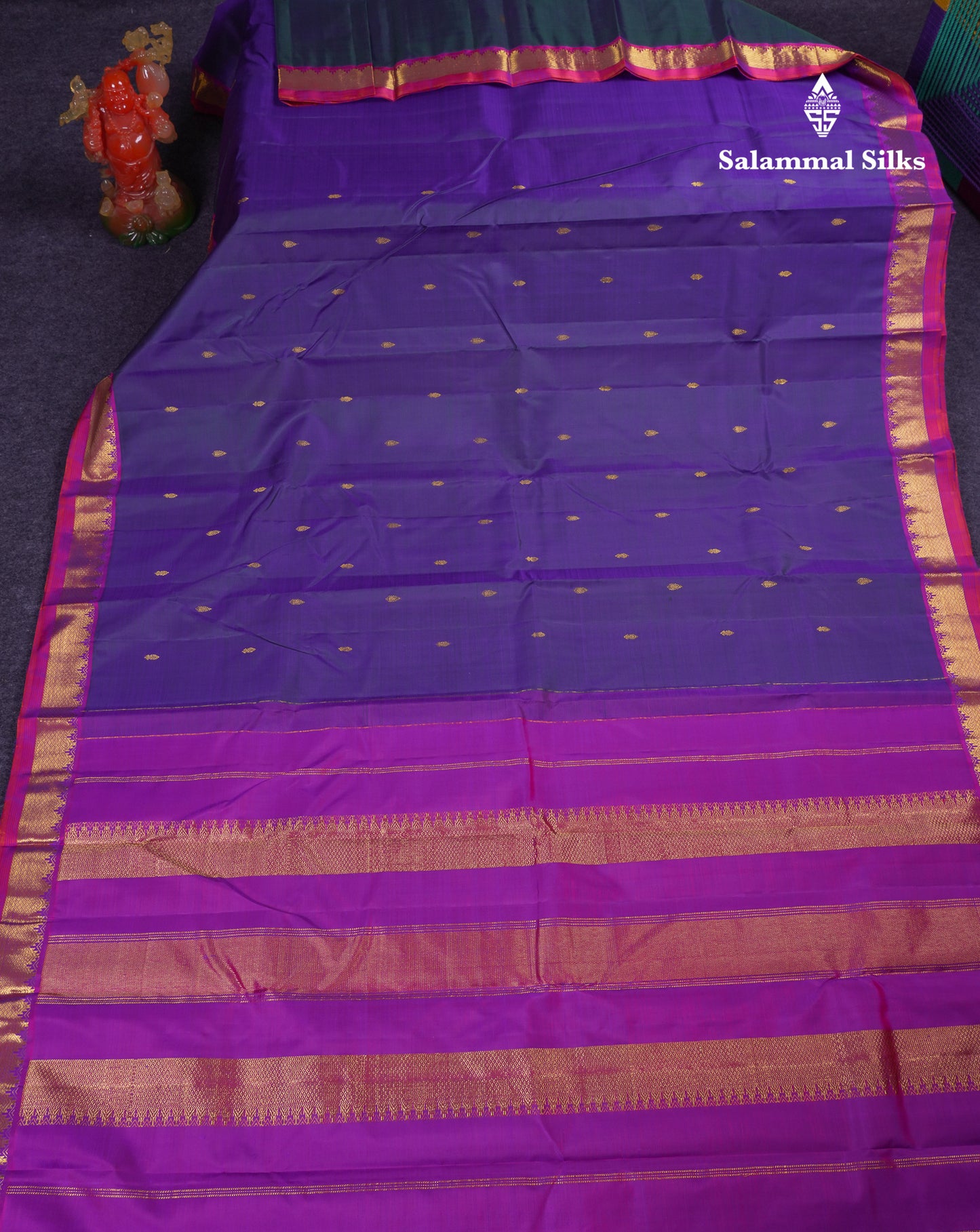 Beautiful Dual Tone Navy Blue Pure Kanjivaram Silk Saree With Contrast Vadamalli Traditional Samll Border