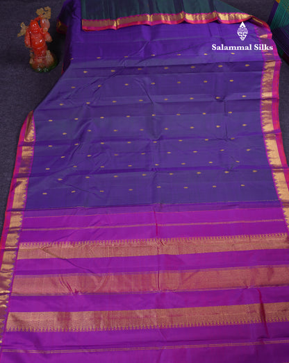 Beautiful Dual Tone Navy Blue Pure Kanjivaram Silk Saree With Contrast Vadamalli Traditional Samll Border