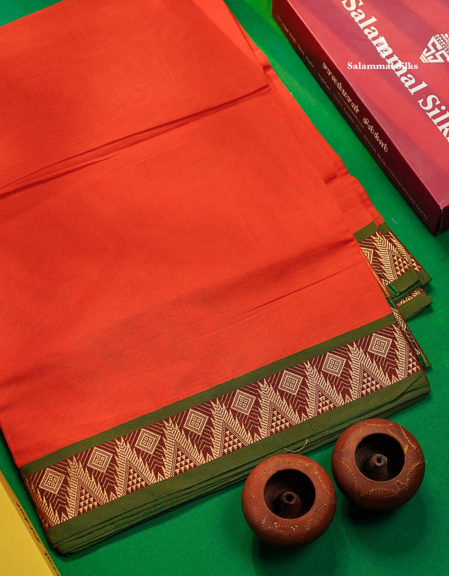 9 Yards Beautiful Orange Plain Pure Cotton Saree With Maroon Border