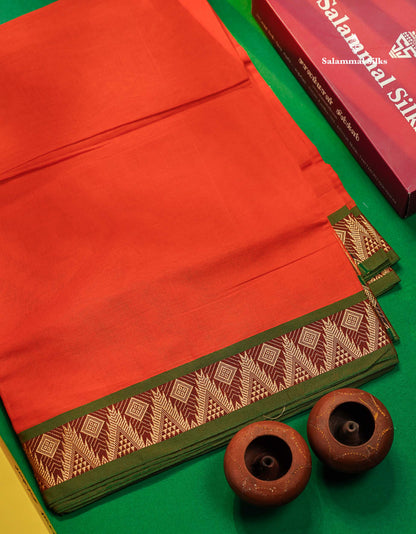 9 Yards Beautiful Orange Plain Pure Cotton Saree With Maroon Border