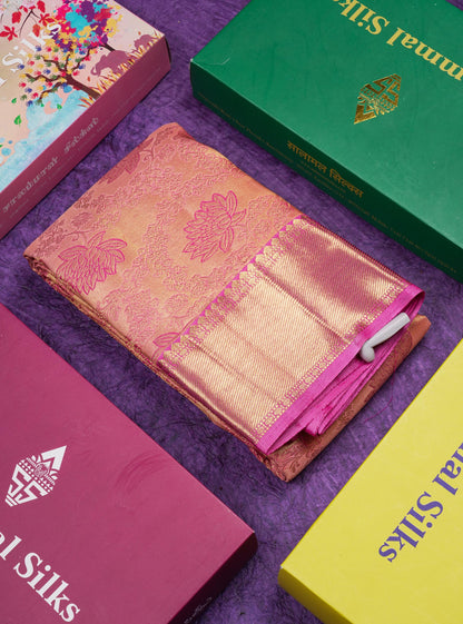 Peach Bridal Pure Kanjivaram Silk Saree With Contrast Light Pink Traditional Border