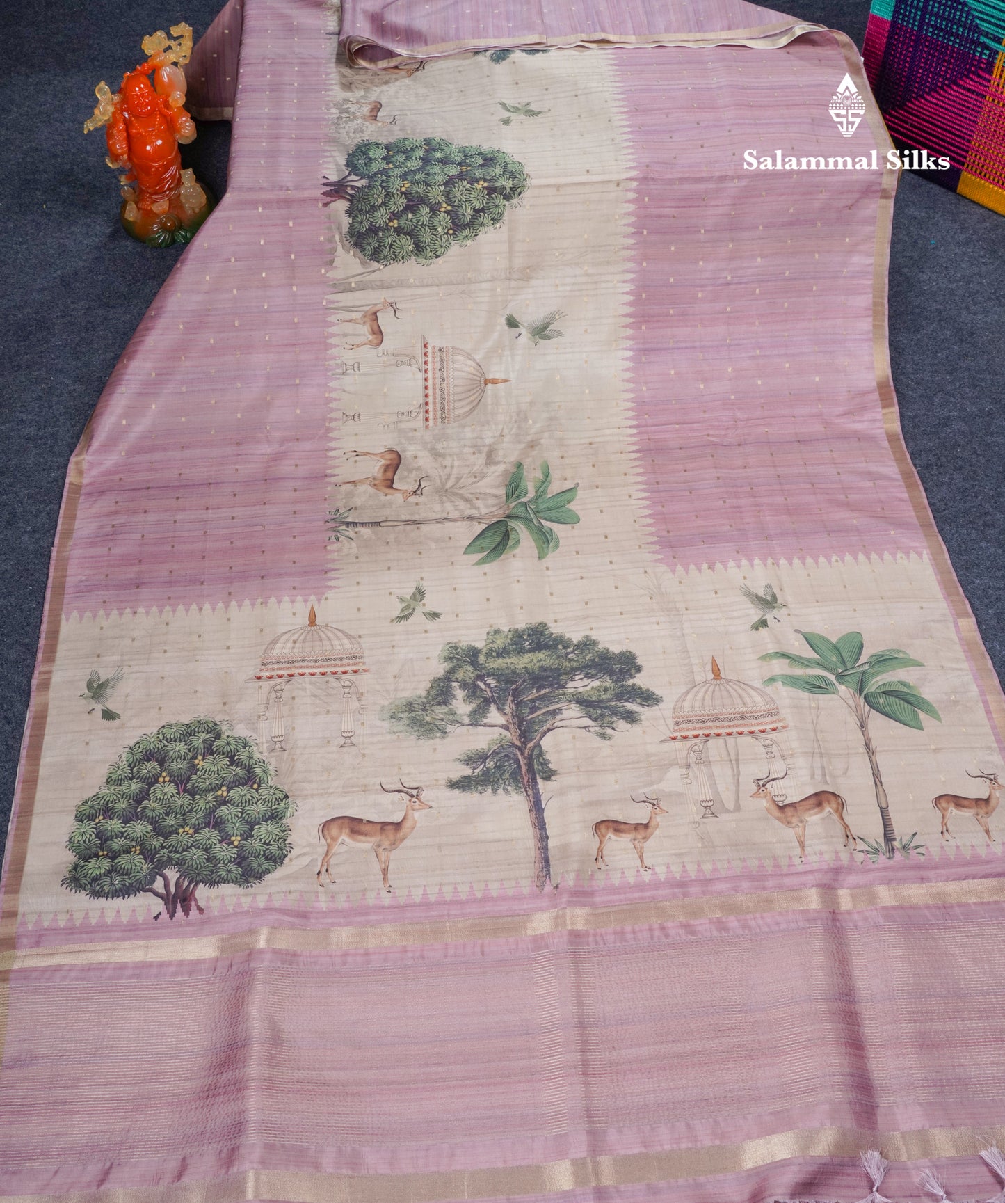 Light Pink Semi Tussar Fancy Saree With Small Ribbon Border