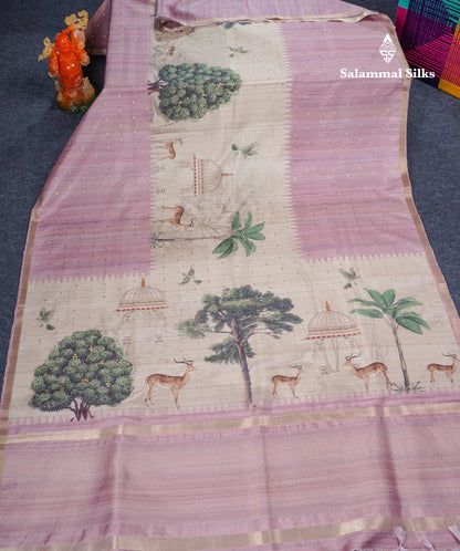 Light Pink Semi Tussar Fancy Saree With Small Ribbon Border