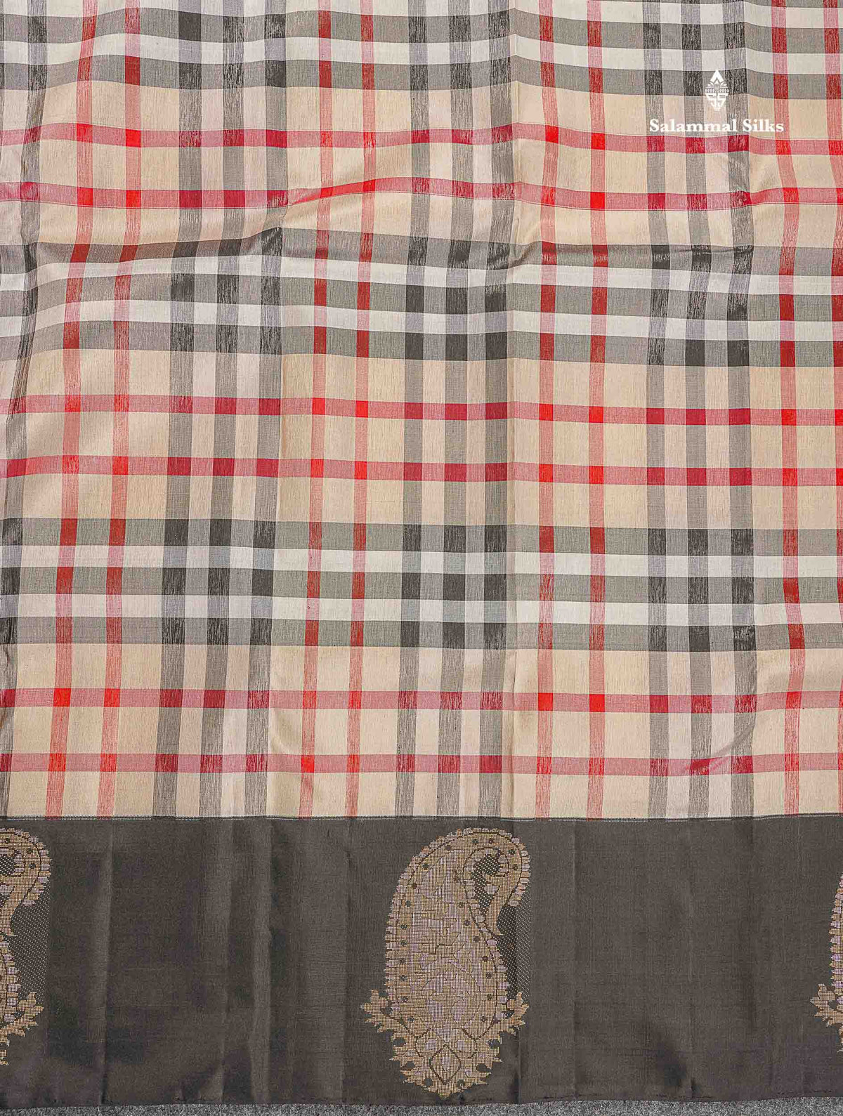 Korvai Tissue Pure Kanjivaram Silk Saree - Burberry Checks With Contrast Black Border