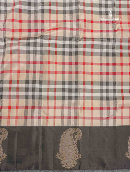 Korvai Tissue Pure Kanjivaram Silk Saree - Burberry Checks With Contrast Black Border