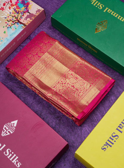 Beautiful Pink Bridal Pure Kanjivaram Silk Saree With Traditional Evening Morning Border
