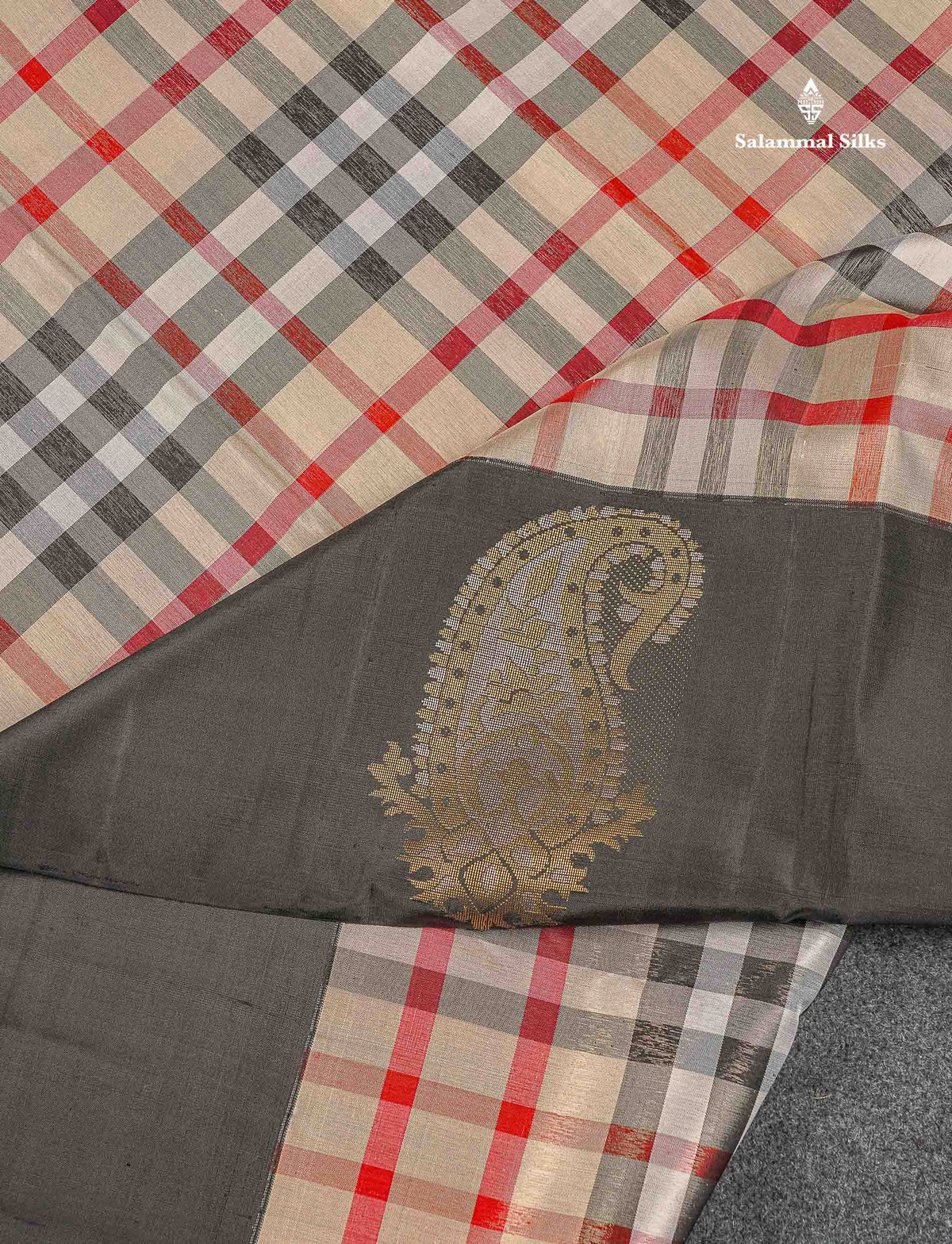 Korvai Tissue Pure Kanjivaram Silk Saree - Burberry Checks With Contrast Black Border