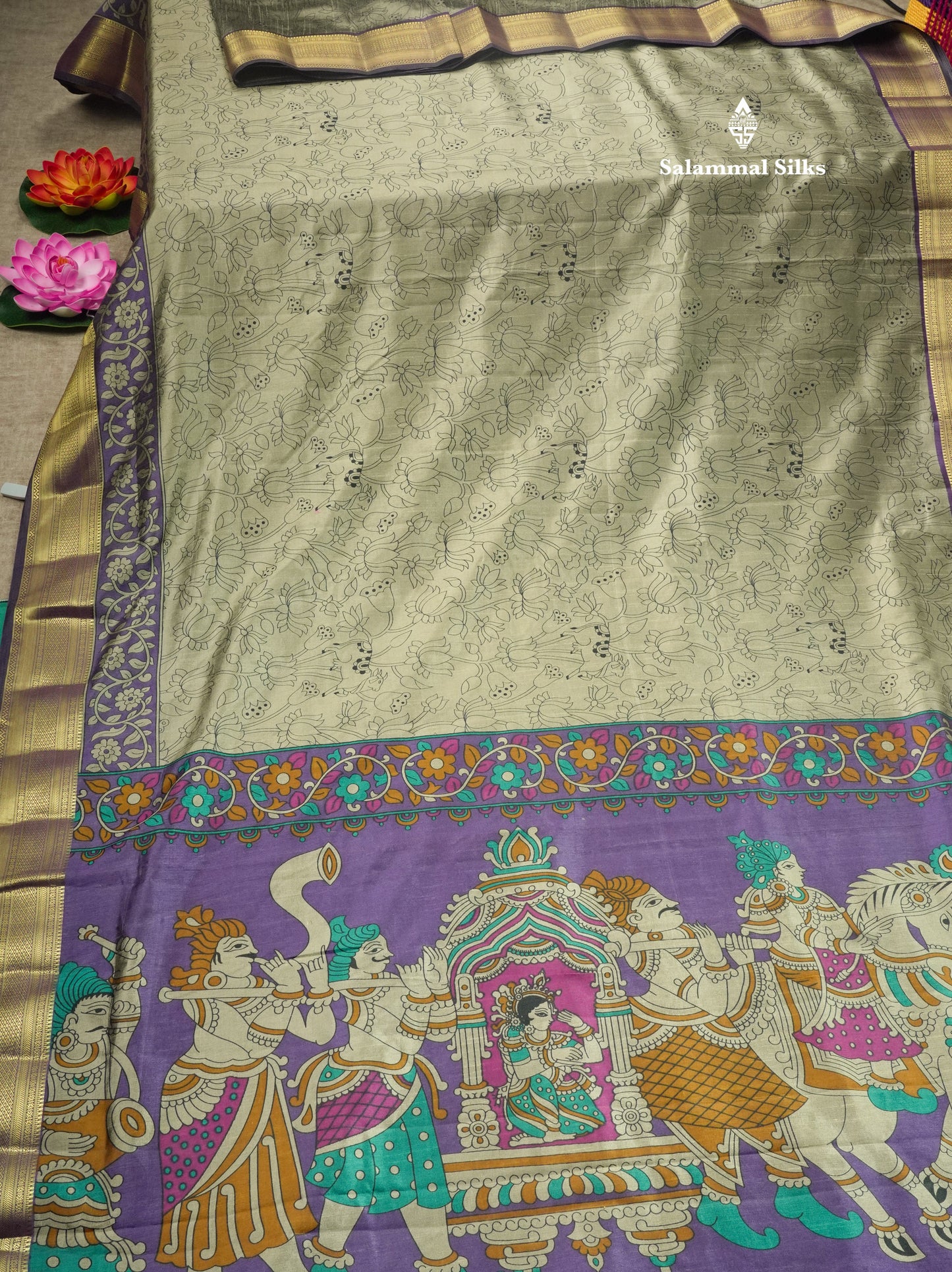 Grey Pichwai Print In Semi Raw Silk Saree With Contrast Maroon Traditional Border