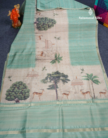 Light Pink Semi Tussar Fancy Saree With Small Ribbon Border