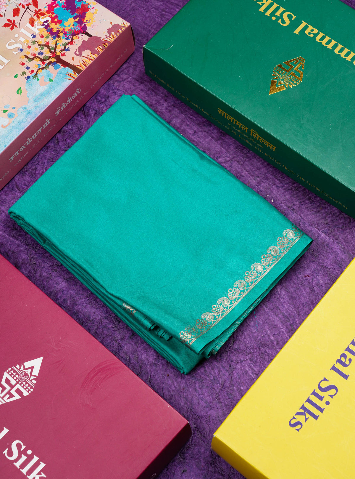 Beautiful Sapphire Green Plain Semi Mysore Silk Saree With Small Traditional Zari Border