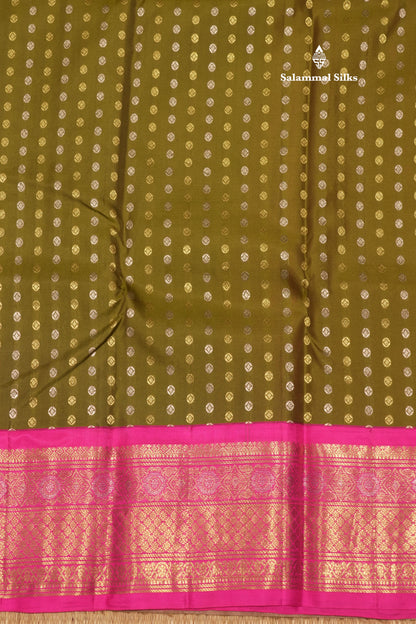 Olive Green Colour Button Butta Pure Kanjivaram Silk Saree With Contrast Pink Border