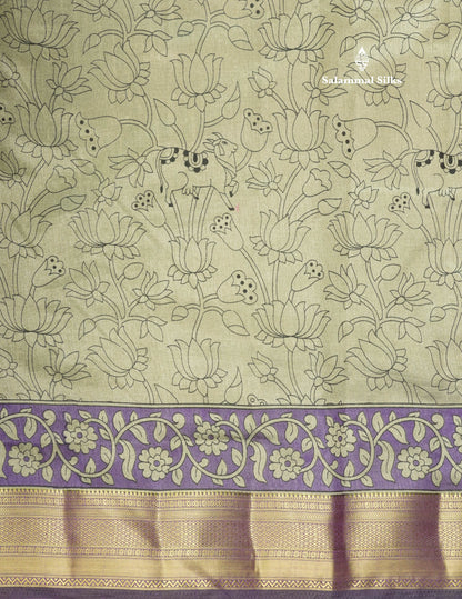 Grey Pichwai Print In Semi Raw Silk Saree With Contrast Maroon Traditional Border