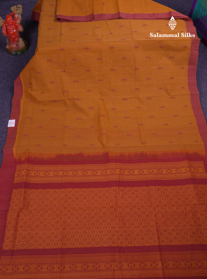 Beautiful Mustard Yellow Thread Work Butta Handloom Pure Cotton Saree With Contrast Light Maroon Blouse