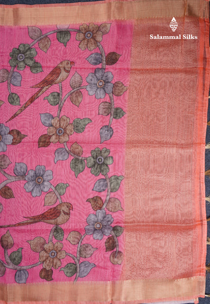 Pink Chanderi Mixed Cotton Saree With Contrast Orange Blouse