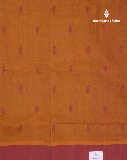 Beautiful Mustard Yellow Thread Work Butta Handloom Pure Cotton Saree With Contrast Light Maroon Blouse