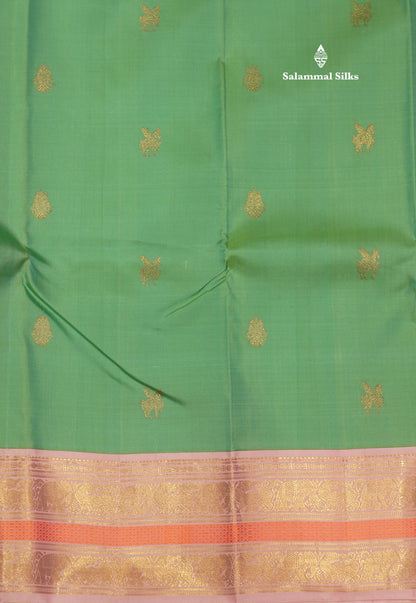 Rexona Green Colour Pure Kanjivaram Silk Saree With Contrast Light Lavender Border