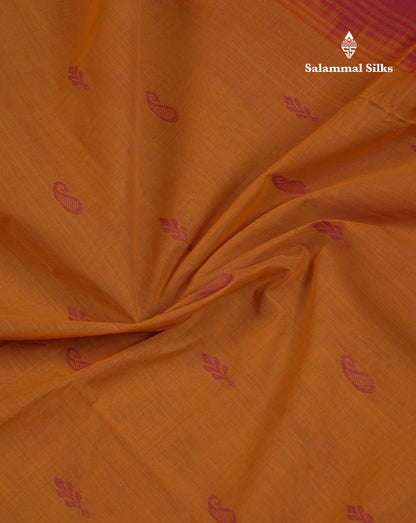 Beautiful Mustard Yellow Thread Work Butta Handloom Pure Cotton Saree With Contrast Light Maroon Blouse