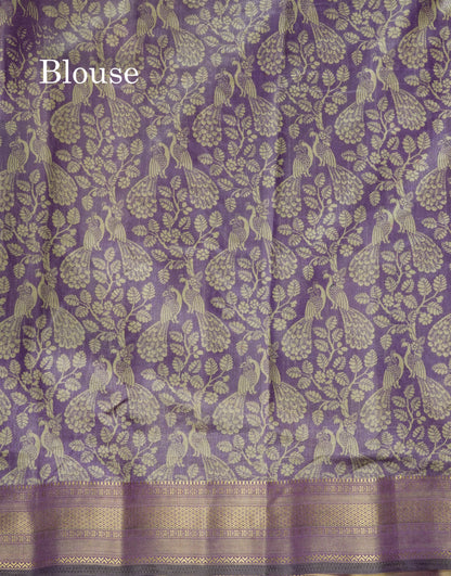 Grey Pichwai Print In Semi Raw Silk Saree With Contrast Maroon Traditional Border