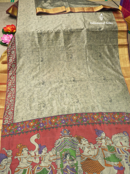 Grey Pichwai Print In Semi Raw Silk Saree With Contrast Maroon Traditional Border