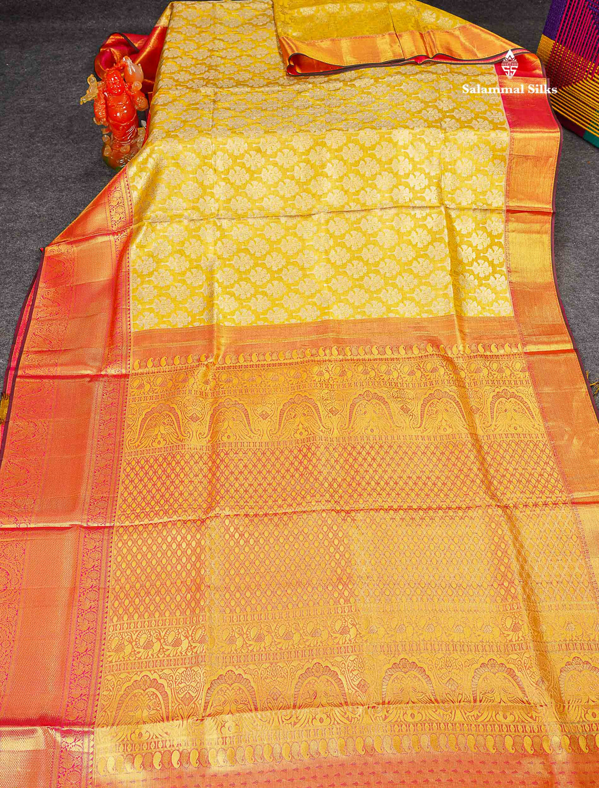 Bridal Pure Kanjivaram Silk Saree - Gold Colour Body Tissue With Pink Traditional Evening Morning Border 