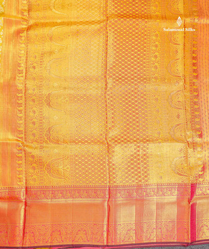 Bridal Pure Kanjivaram Silk Saree - Gold Colour Body Tissue With Pink Traditional Evening Morning Border
