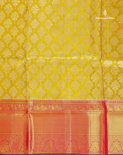 Bridal Pure Kanjivaram Silk Saree - Gold Colour Body Tissue With Pink Traditional Evening Morning Border