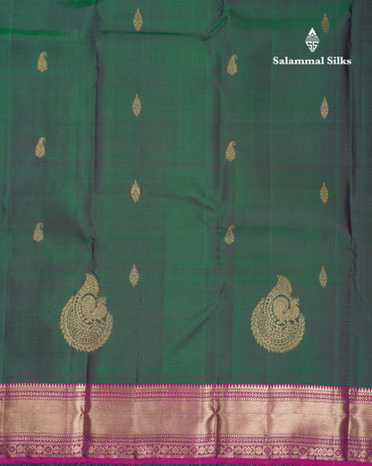 Beautiful Bottle Green Pure Kanjivaram Silk Saree With Contrast Magenta Traditional Border