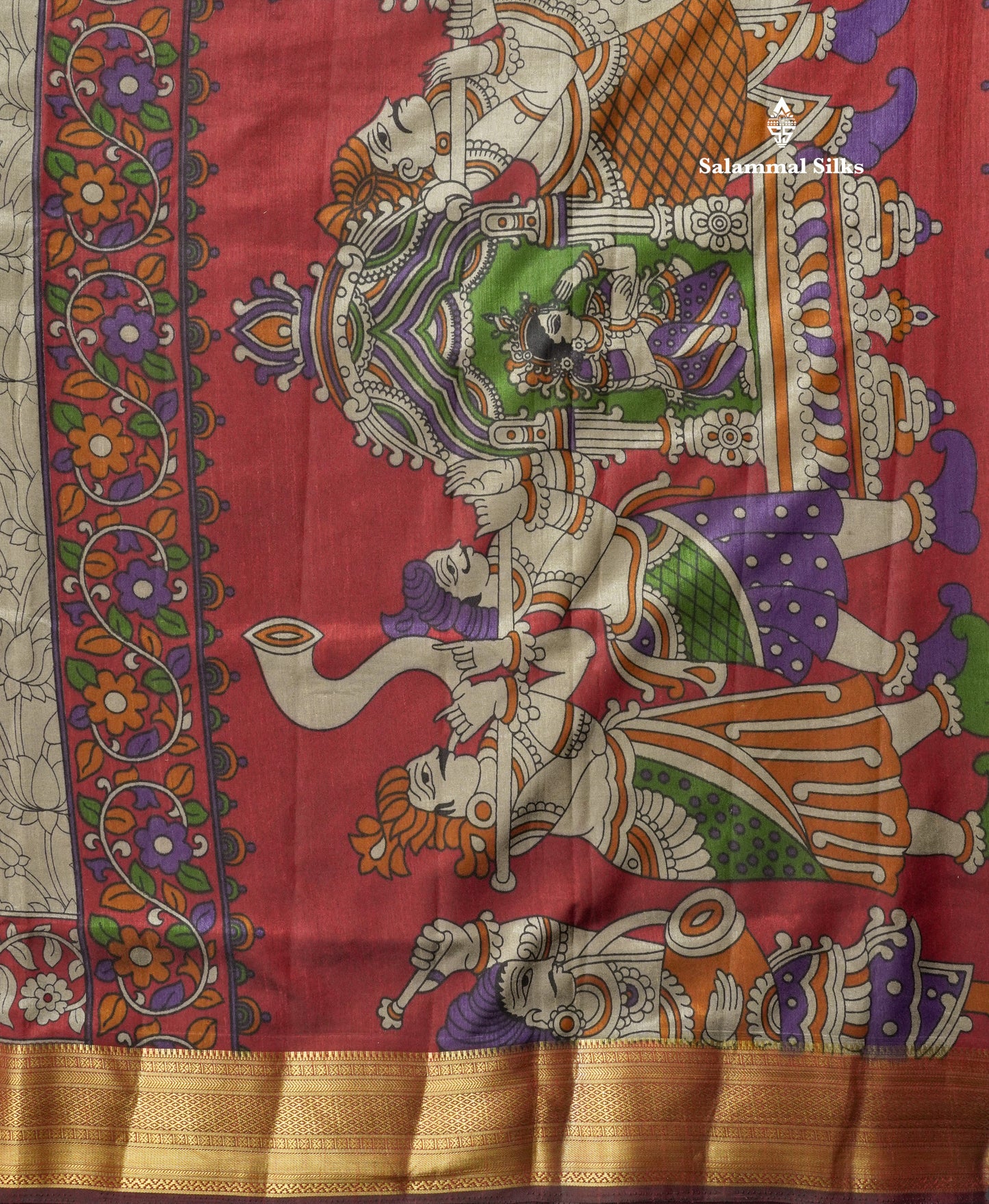 Grey Pichwai Print In Semi Raw Silk Saree With Contrast Maroon Traditional Border