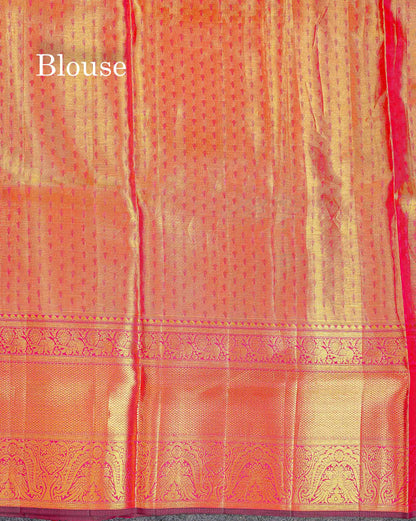 Bridal Pure Kanjivaram Silk Saree - Gold Colour Body Tissue With Pink Traditional Evening Morning Border
