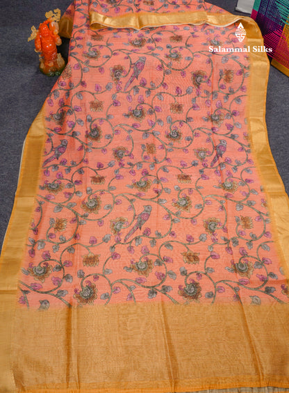 Pink Chanderi Mixed Cotton Saree With Contrast Orange Blouse