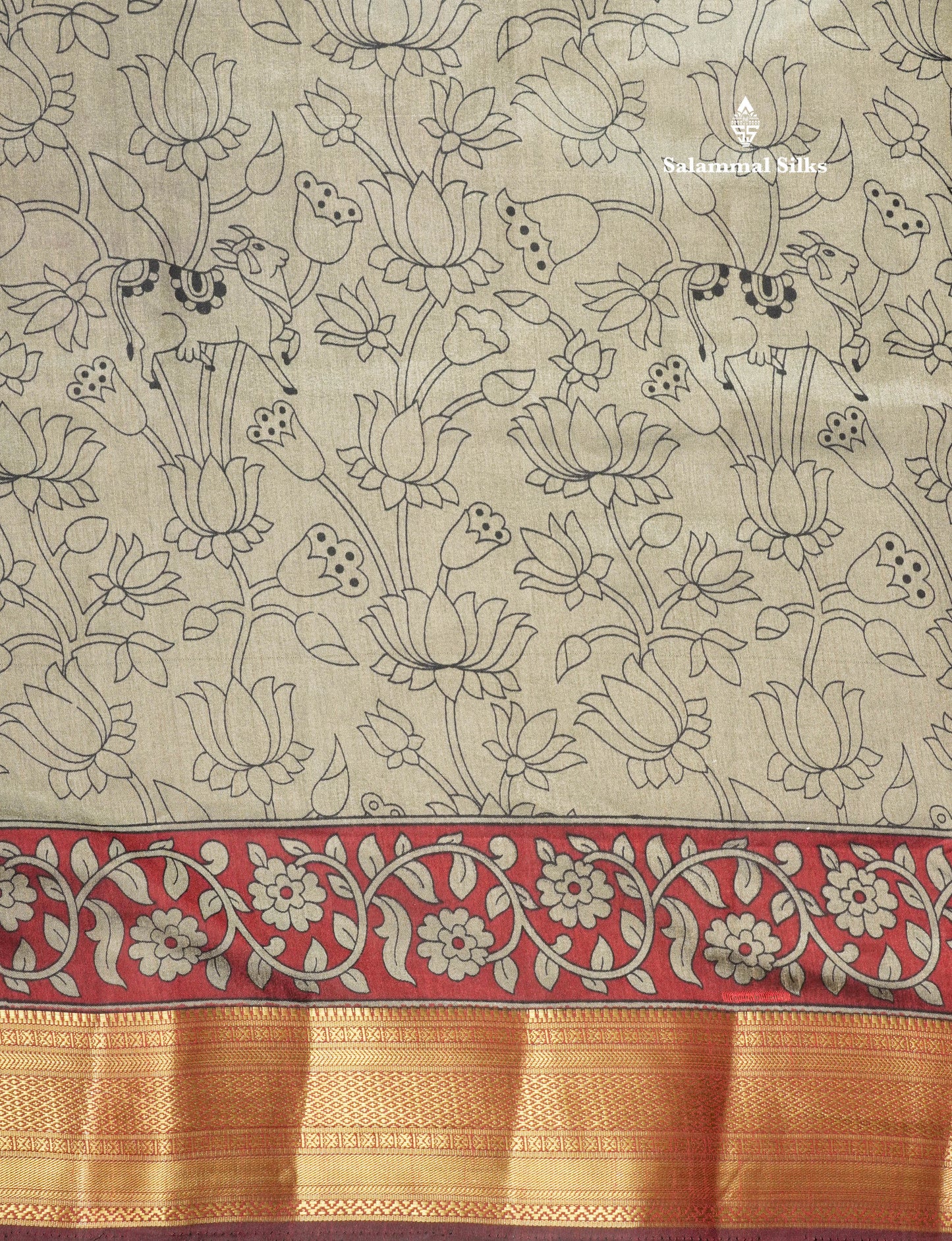Grey Pichwai Print In Semi Raw Silk Saree With Contrast Maroon Traditional Border