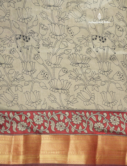 Grey Pichwai Print In Semi Raw Silk Saree With Contrast Maroon Traditional Border