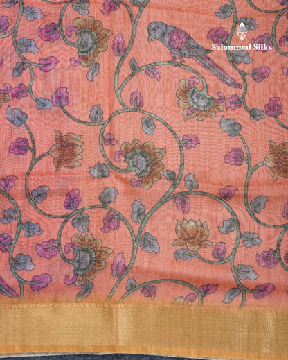 Pink Chanderi Mixed Cotton Saree With Contrast Orange Blouse