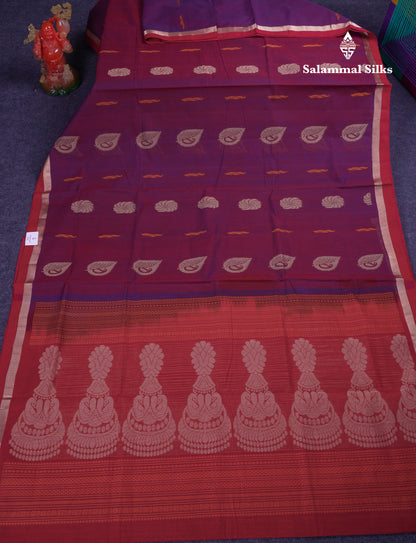 Beautiful Violet Thread Work Butta Pure Cotton Saree With Contrast Redish Maroon Blouse