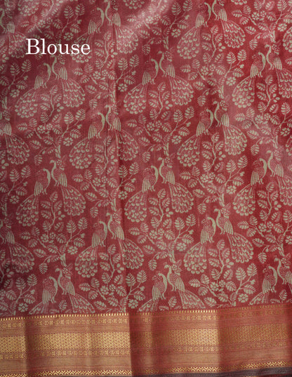 Grey Pichwai Print In Semi Raw Silk Saree With Contrast Maroon Traditional Border