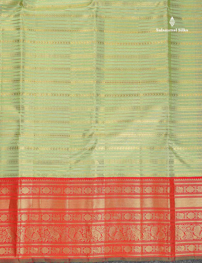 Korvai Pure Kanjivaram Silk Saree - Pista Green Colour Body With Contrast Chilly Red Traditional Border