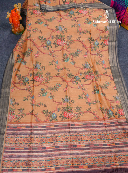 Grey Chanderi Mixed Cotton Saree With Contrast Black Banarasi Border