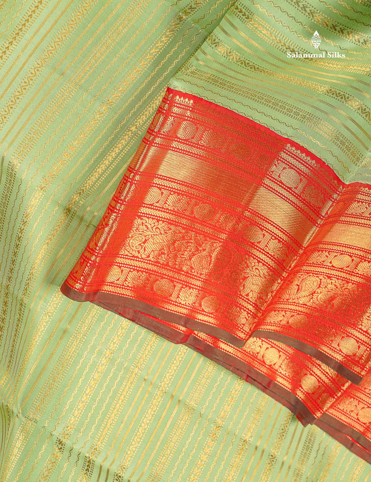 Korvai Pure Kanjivaram Silk Saree - Pista Green Colour Body With Contrast Chilly Red Traditional Border