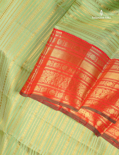 Korvai Pure Kanjivaram Silk Saree - Pista Green Colour Body With Contrast Chilly Red Traditional Border