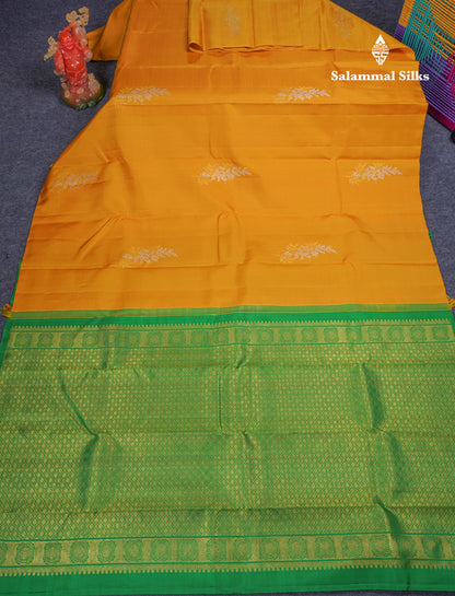 Beautiful Yellow Fancy Pure Kanjivaram Silk Saree With Contrast Green Blouse