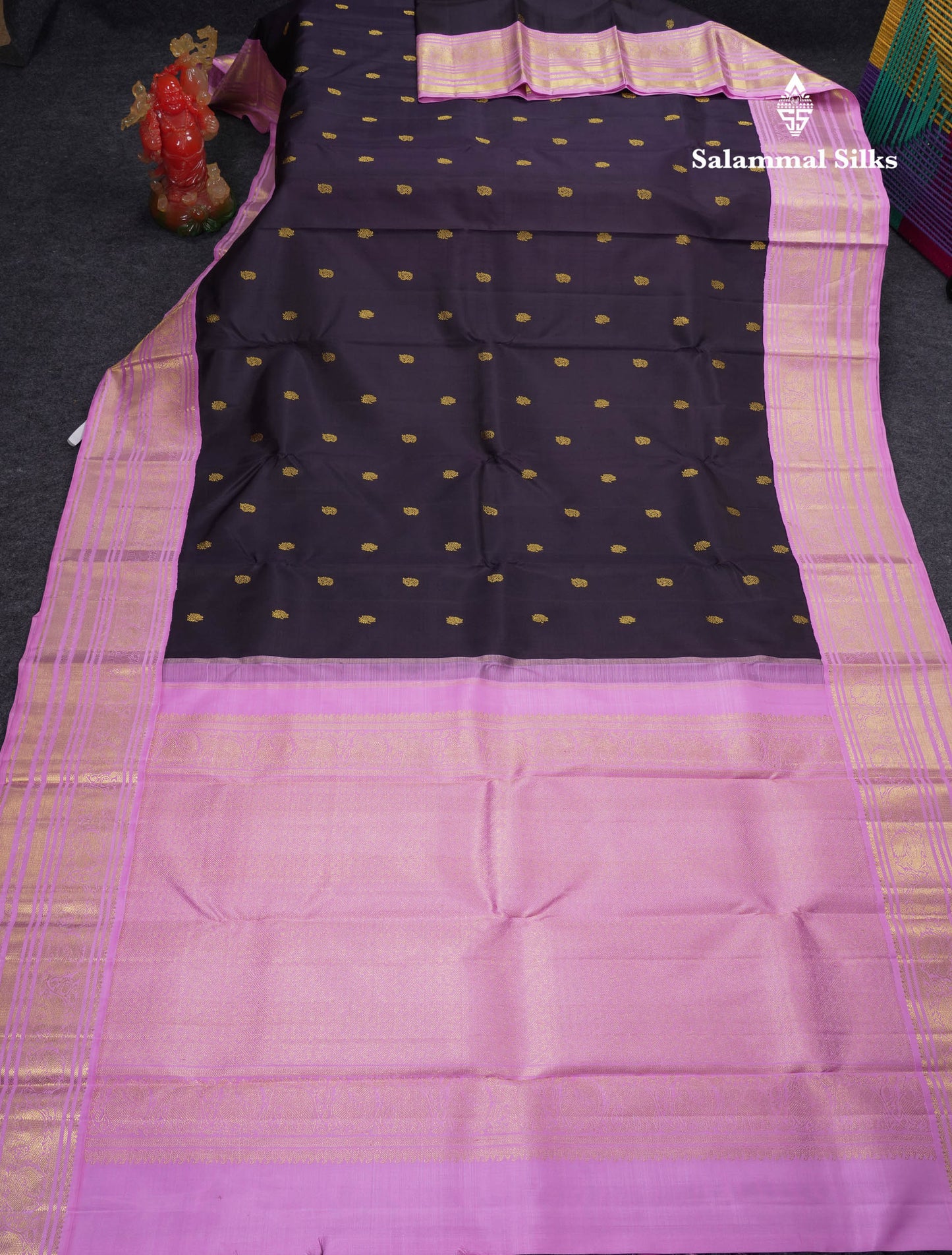 Korvai Beautiful Dark Kanchana Zari Butta Pure Kanjivaram Silk Saree With Contrast Light Pink Traditional Border