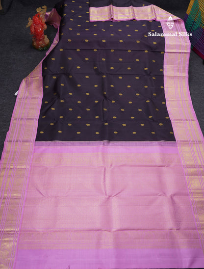 Korvai Beautiful Dark Kanchana Zari Butta Pure Kanjivaram Silk Saree With Contrast Light Pink Traditional Border