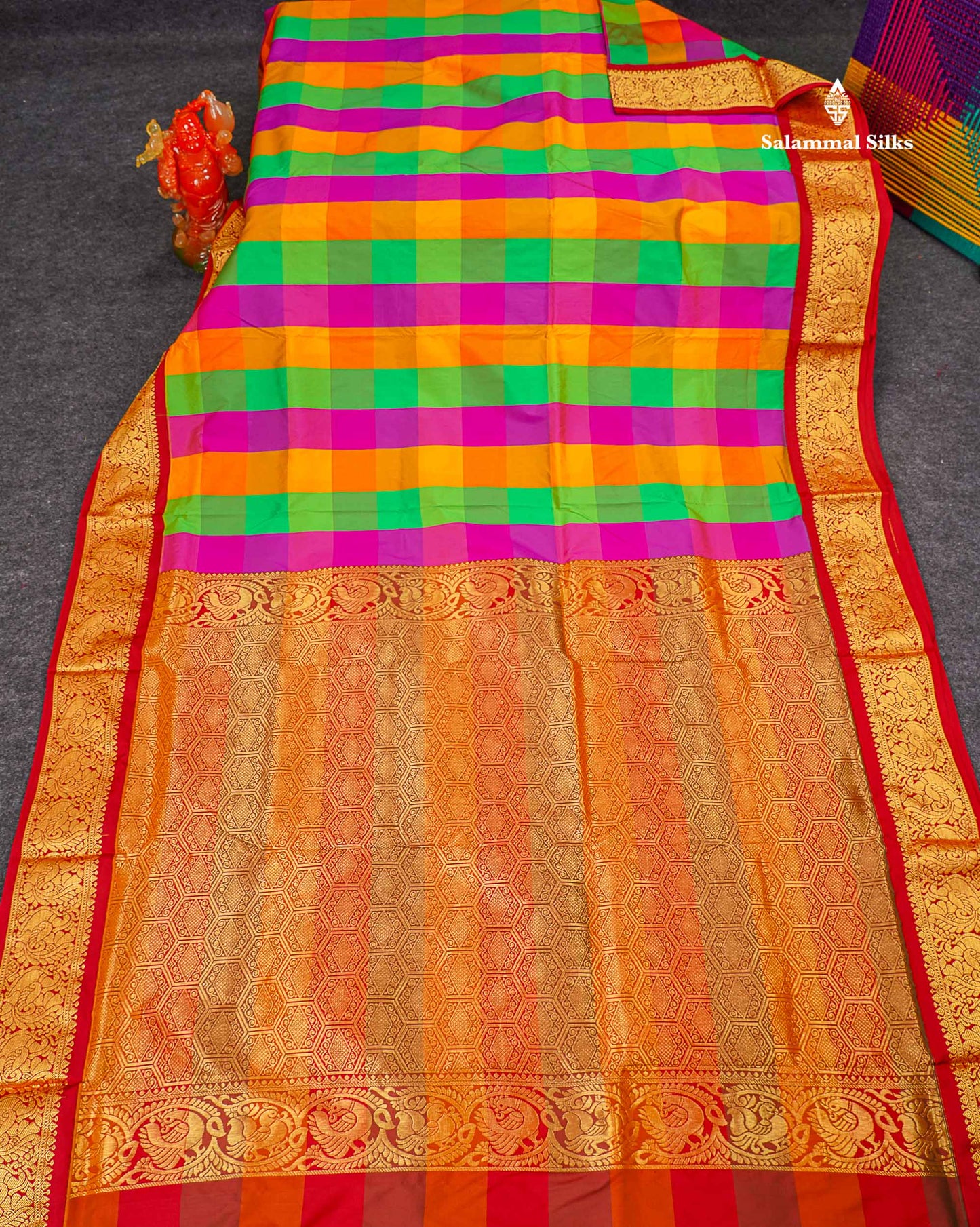 Semi Silk Saree - Paalum Pazham Checks Multicolour Colour Body With Contrast Maroon Border | 9 Yards