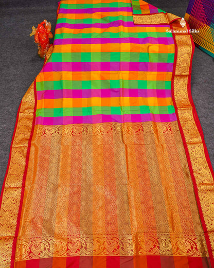 Semi Silk Saree - Paalum Pazham Checks Multicolour Colour Body With Contrast Maroon Border | 9 Yards