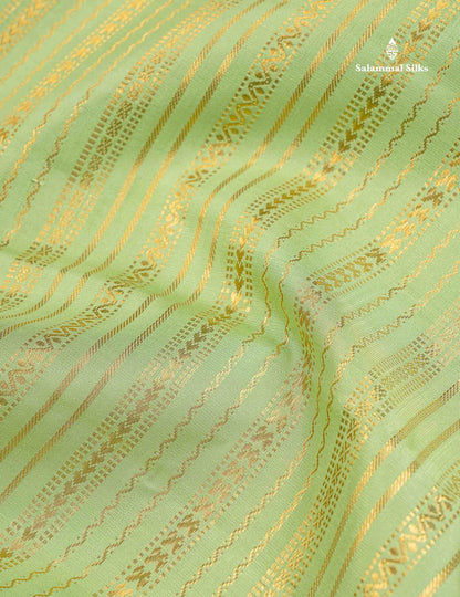 Korvai Pure Kanjivaram Silk Saree - Pista Green Colour Body With Contrast Chilly Red Traditional Border