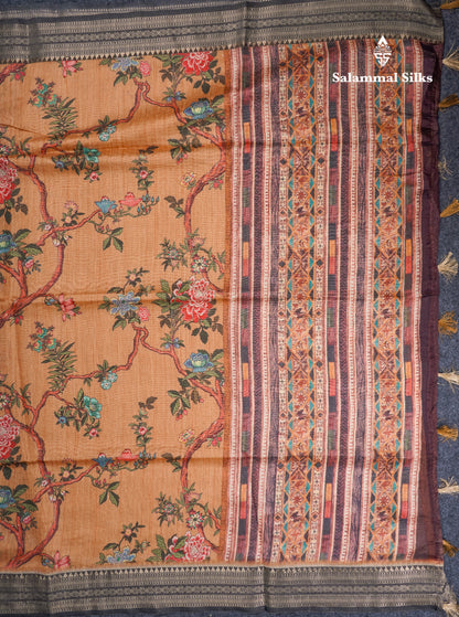 Grey Chanderi Mixed Cotton Saree With Contrast Black Banarasi Border