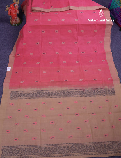 Beautiful Pink Thread Work Butta Handloom Pure Cotton Saree With Contrast Cream Sandal Blouse